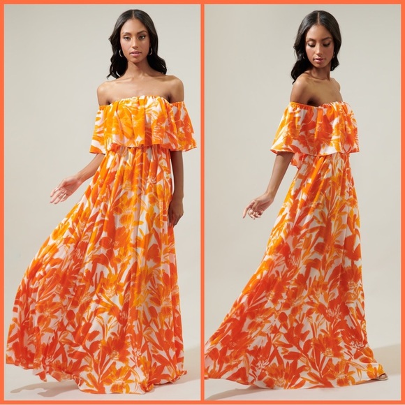 Dresses & Skirts - 🍊R.S.V.P. Sugarlips Floral Off the Shoulder Dress | Orange & White Ruffle Dress